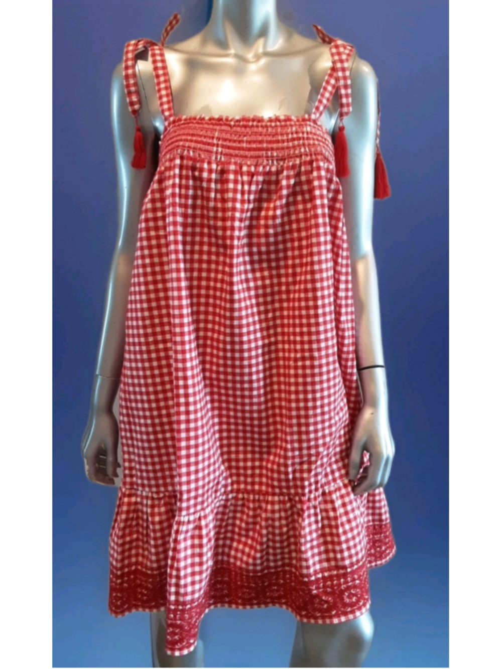 MARGAUX RIVIERA-NOWT-Gingham Tiered Embroidered Dress-Red/White Babydoll- SZ MED
